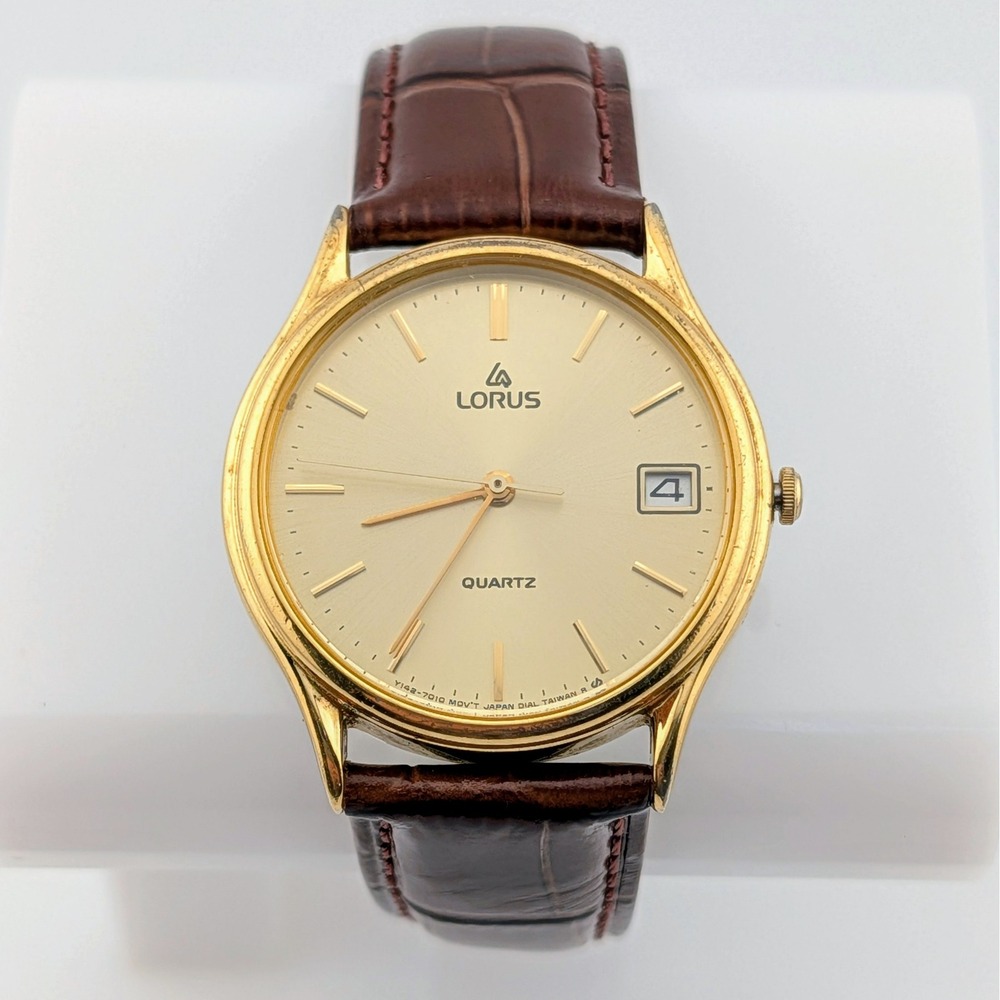 Vintage Lorus by Seiko Y142-7000 Men's Gold Tone Quartz Date Dress Watch 33mm